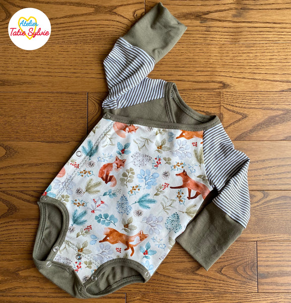 Ensemble évolutif 2 pièces cache-couche bonnet Coquin Coquet vert kaki crème renard flore rayure blanc