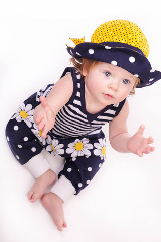 Chapeau Fleur pois marine/jaune