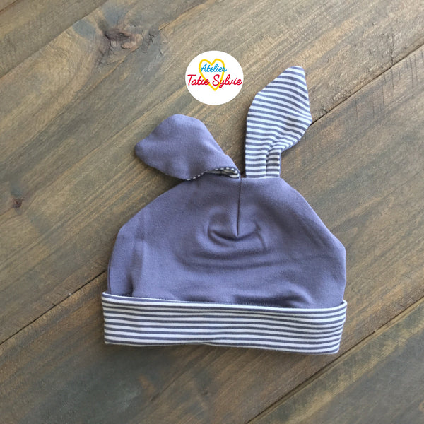 Ensemble évolutif 2 pièces cache-couche et bonnet Gris/Bleu/Lavande Lapin toutou