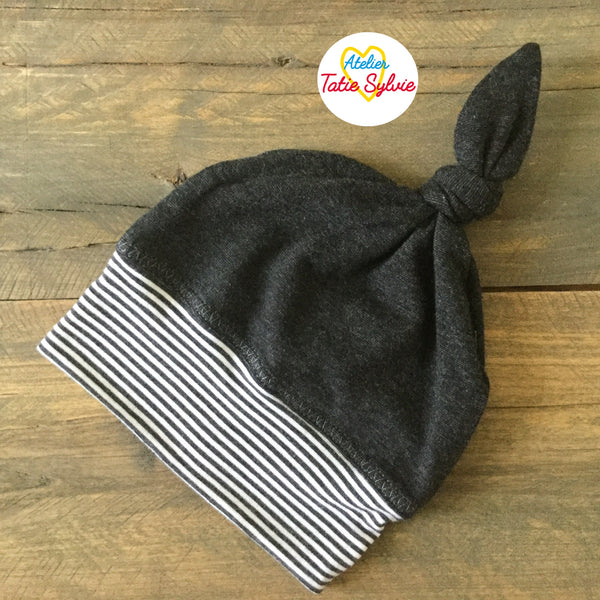 Bonnet Tuque Gris/Charbon/Blanc/Noeud