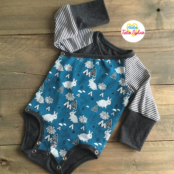Ensemble évolutif,2 pièces,cache-couche et bonnet Gris/Charbon/Turquoise/Blanc Lapin