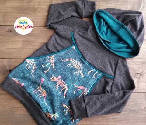 Chandail volutif Kangourou Gris Sarcelle Dinosaure Atelier