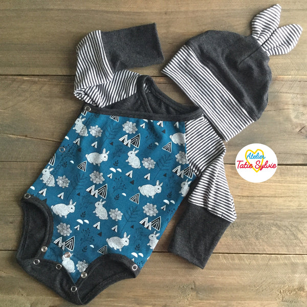 Ensemble évolutif 3 pièces bambou cache-couche, pantalon et bonnet   Gris/Charbon/Turquoise/Blanc/Lapin