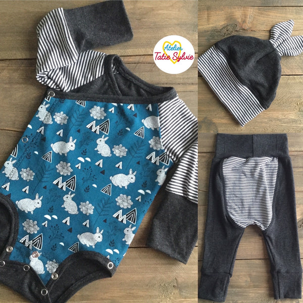 Ensemble évolutif,2 pièces,cache-couche et bonnet Gris/Charbon/Turquoise/Blanc Lapin