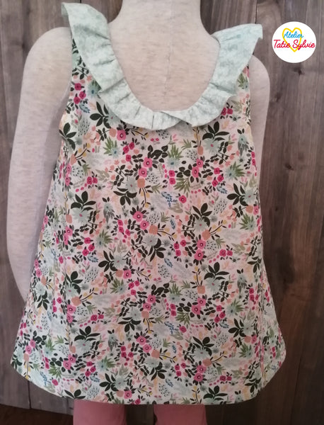Tunique Blouse Popeline Coton Fleuri Rose Turquoise Vert sans manche volant encolure