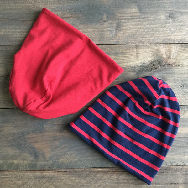 Tuque réversible Marine ou rouge/rayure marine-rouge